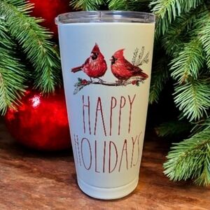 Rae Dunn Cream Happy Holidays Tumbler with Red Cardinals